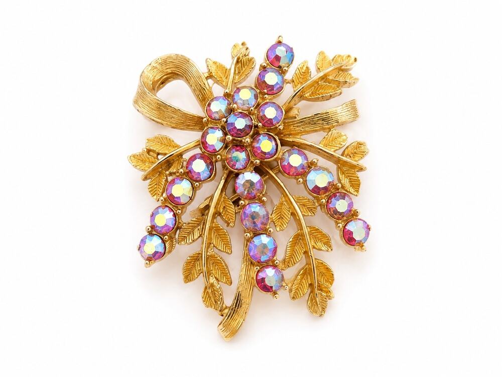 Vintage Gold Tone Aurora Borealis Rhinestone Floral Bow Brooch Mid Century
